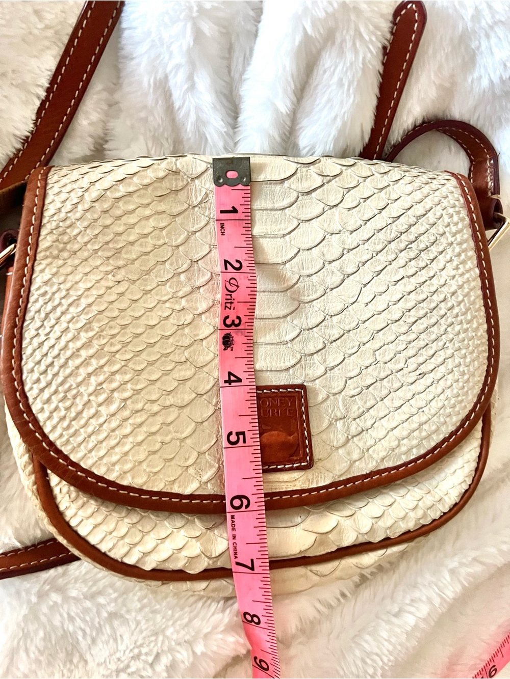 Dooney Crossbody Saddle Bag Vintage Embossed Cream/Bone white w/Brown Trim - Picture 13 of 16